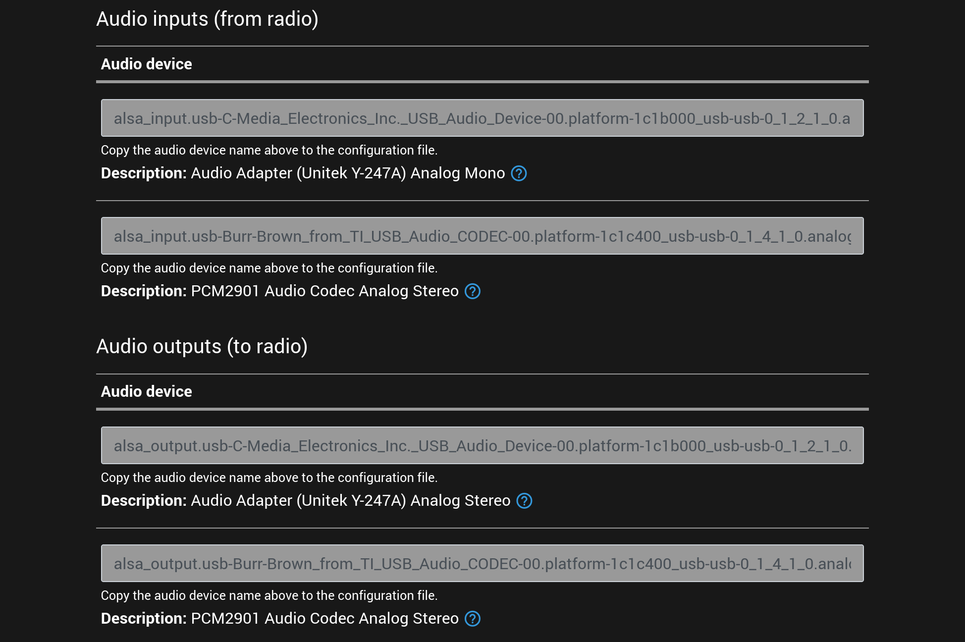 An example screenshot of the list of supported audio input and output devices displayed in the setup user interface