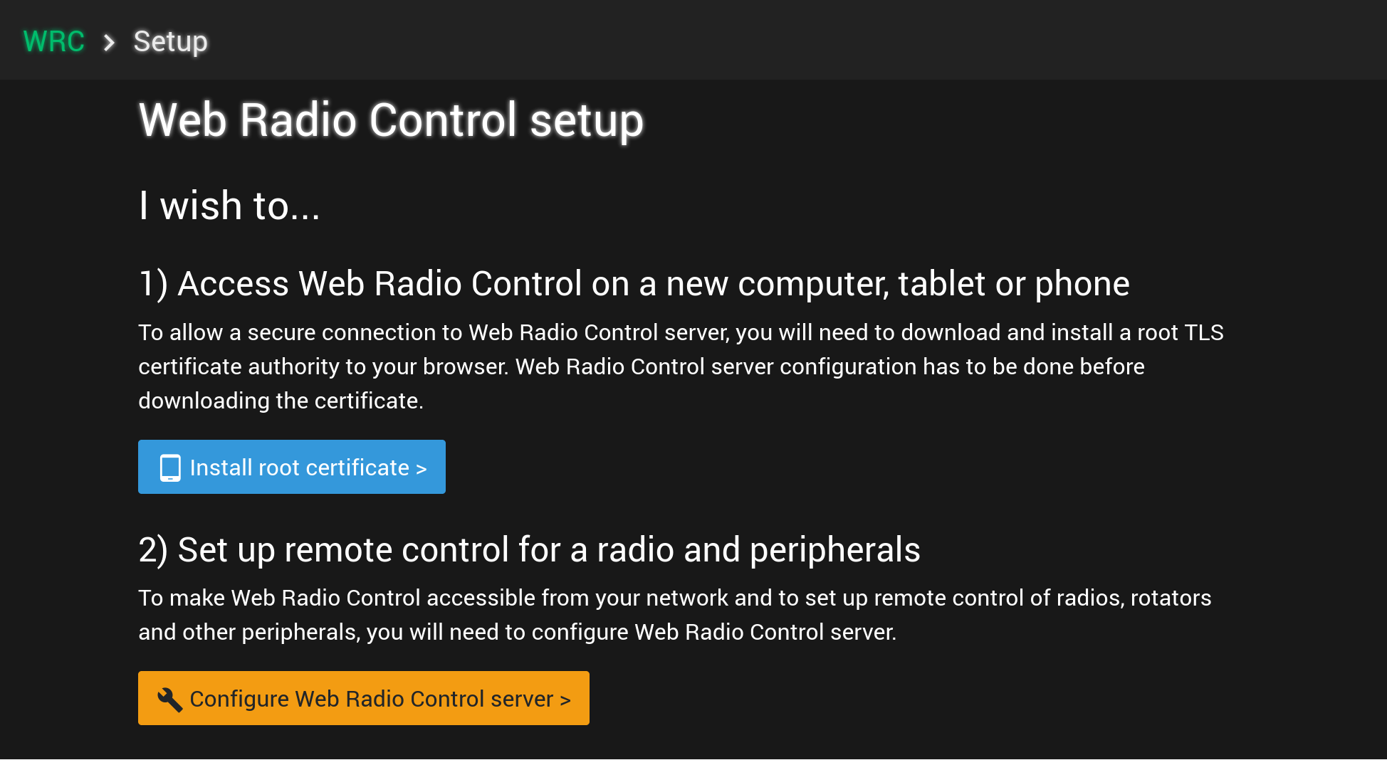 The main screen of Web Radio Control setup user interface
